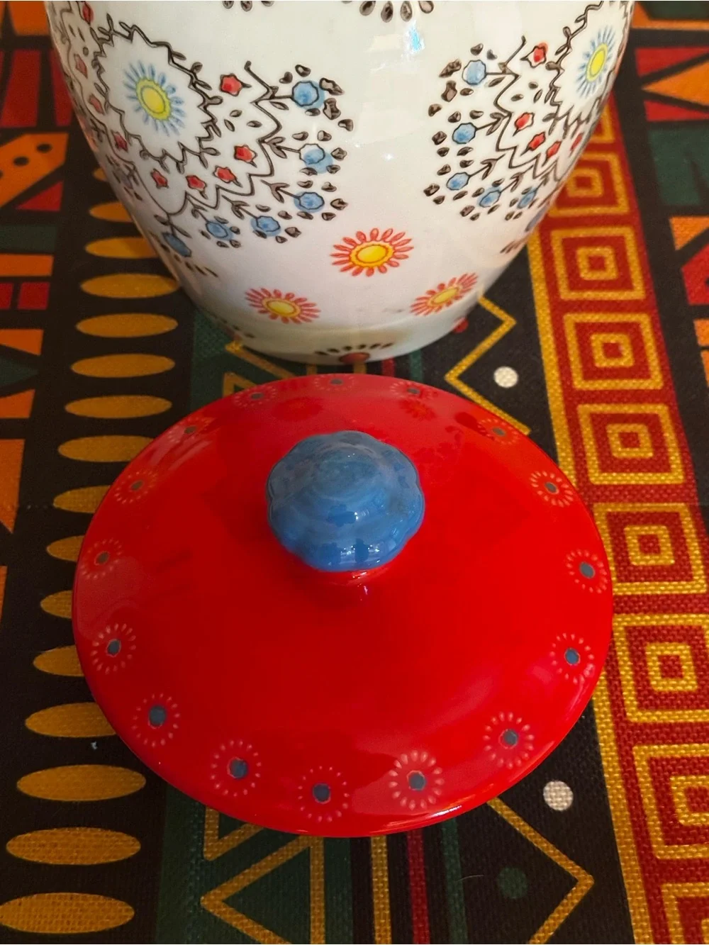 Grace's Bakeware Ceramic Painted Floral Red/Blue Cookie Jar/Canister